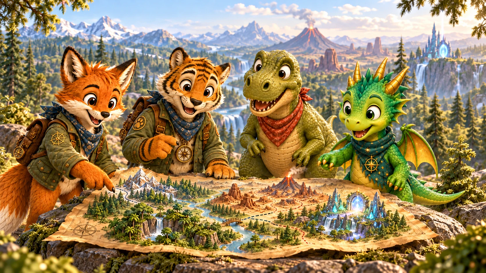Foley Fox, Tully Tiger, Tucker T-Rex and Dazlo Dragon exploring a magical map together