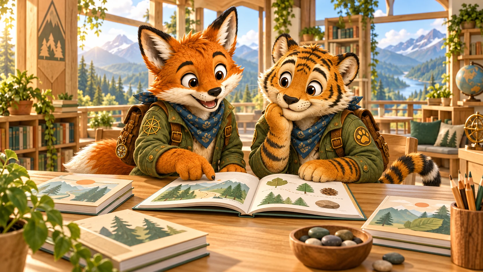 Foley Fox and Tully Tiger explore workbooks together in a sunlit trail library